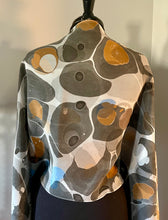 Load image into Gallery viewer, Neutral Blue Stone two sided shawl.   Crepe de chine 72x22” bold fun. This beautiful silk shawl.  also can be a shirt and skirt! )
