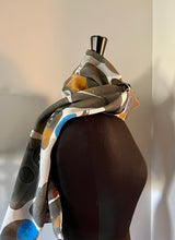 Load image into Gallery viewer, Neutral Blue Stone two sided shawl.   Crepe de chine 72x22” bold fun. This beautiful silk shawl.  also can be a shirt and skirt! )
