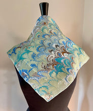 Load image into Gallery viewer, Blue Green brown Bouquet Pattern 21x21 Square Habotai silk. Wear this unique piece in your  hair, as a neckerchief, pocket square, or accessorize  your dog.
