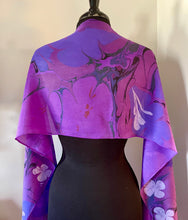 Load image into Gallery viewer, Purple Flowers water marbled Silk, Scarf, table runner or wall hanging.  One of a kind.. original.
