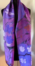 Load image into Gallery viewer, Purple Flowers water marbled Silk, Scarf, table runner or wall hanging.  One of a kind.. original.
