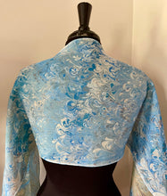 Load image into Gallery viewer, Double sided blue orange water marbled Silk, Scarf, table runner or wall hanging.  One of a kind.. original.
