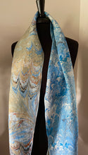 Load image into Gallery viewer, Double sided blue orange water marbled Silk, Scarf, table runner or wall hanging.  One of a kind.. original.
