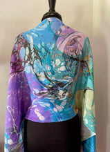 Load image into Gallery viewer, Blue greens and purple random twice marbled shawl. .  Crepe de chine 72x22 ” bold fun.    This beautiful silk makes a unique dresser cover. and scarf
