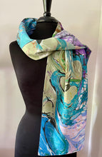 Load image into Gallery viewer, Blue greens and purple random twice marbled shawl. .  Crepe de chine 72x22 ” bold fun.    This beautiful silk makes a unique dresser cover. and scarf
