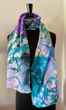 Load image into Gallery viewer, Blue greens and purple random twice marbled shawl. .  Crepe de chine 72x22 ” bold fun.    This beautiful silk makes a unique dresser cover. and scarf
