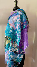 Load image into Gallery viewer, Blue greens and purple random twice marbled shawl. .  Crepe de chine 72x22 ” bold fun.    This beautiful silk makes a unique dresser cover. and scarf
