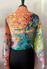 Load image into Gallery viewer, Colors.  Twice marbled shawl. .  Crepe de chine 72x22” bold fun. This beautiful silk shawl also can  be a   shirt and skirt!
