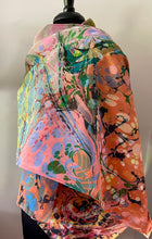 Load image into Gallery viewer, Colors.  Twice marbled shawl. .  Crepe de chine 72x22” bold fun. This beautiful silk shawl also can  be a   shirt and skirt!

