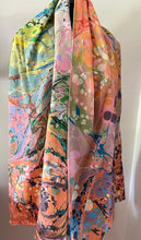 Load image into Gallery viewer, Colors.  Twice marbled shawl. .  Crepe de chine 72x22” bold fun. This beautiful silk shawl also can  be a   shirt and skirt!
