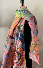 Load image into Gallery viewer, Colors.  Twice marbled shawl. .  Crepe de chine 72x22” bold fun. This beautiful silk shawl also can  be a   shirt and skirt!
