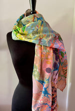 Load image into Gallery viewer, Colors.  Twice marbled shawl. .  Crepe de chine 72x22” bold fun. This beautiful silk shawl also can  be a   shirt and skirt!
