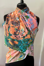 Load image into Gallery viewer, Colors.  Twice marbled shawl. .  Crepe de chine 72x22” bold fun. This beautiful silk shawl also can  be a   shirt and skirt!

