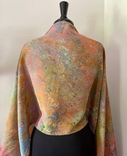 Load image into Gallery viewer, Bouquet pattern on multidyed silk shawl.   Crepe de chine 72x22” bold fun. This beautiful  silk makes a unique dresser cover and scarf
