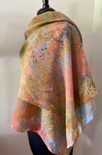 Load image into Gallery viewer, Bouquet pattern on multidyed silk shawl.   Crepe de chine 72x22” bold fun. This beautiful  silk makes a unique dresser cover and scarf
