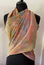 Load image into Gallery viewer, Bouquet pattern on multidyed silk shawl.   Crepe de chine 72x22” bold fun. This beautiful  silk makes a unique dresser cover and scarf
