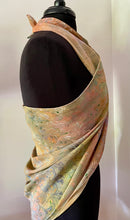 Load image into Gallery viewer, Bouquet pattern on multidyed silk shawl.   Crepe de chine 72x22” bold fun. This beautiful  silk makes a unique dresser cover and scarf
