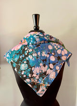 Load image into Gallery viewer, Many Colors twice marbled 21x21 Square Habotai silk. Wear this unique   piece in your hair, as a neckerchief, pocket square, or accessorize your dog.
