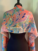 Load image into Gallery viewer, Double sided orange blue pink water marbled Silk, Scarf, table runner or wall hanging.  One of a  kind.. original.

