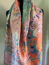 Load image into Gallery viewer, Double sided orange blue pink water marbled Silk, Scarf, table runner or wall hanging.  One of a  kind.. original.
