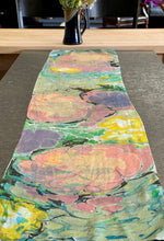 Load image into Gallery viewer, Monets Pond two sided Charmeuse Silk 72x14” bold fun. This beautiful  silk makes a unique  dresser cover and scarf
