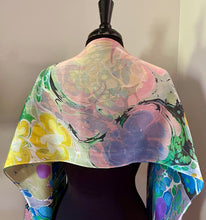 Load image into Gallery viewer, Monets Pond two sided Charmeuse Silk 72x14” bold fun. This beautiful  silk makes a unique  dresser cover and scarf
