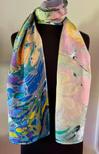 Load image into Gallery viewer, Monets Pond two sided Charmeuse Silk 72x14” bold fun. This beautiful  silk makes a unique  dresser cover and scarf
