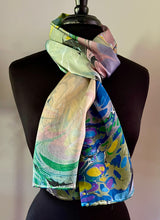 Load image into Gallery viewer, Monets Pond two sided Charmeuse Silk 72x14” bold fun. This beautiful  silk makes a unique  dresser cover and scarf
