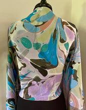 Load image into Gallery viewer, Blue greens purple neutral  twice marbled shawl. .  Crepe de chine 72x22 ” bold fun.    This beautiful silk makes a unique dresser cover. and scarf
