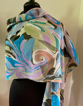 Load image into Gallery viewer, Blue greens purple neutral  twice marbled shawl. .  Crepe de chine 72x22 ” bold fun.    This beautiful silk makes a unique dresser cover. and scarf
