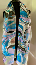Load image into Gallery viewer, Blue greens purple neutral  twice marbled shawl. .  Crepe de chine 72x22 ” bold fun.    This beautiful silk makes a unique dresser cover. and scarf
