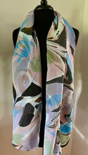 Load image into Gallery viewer, Blue greens purple neutral  twice marbled shawl. .  Crepe de chine 72x22 ” bold fun.    This beautiful silk makes a unique dresser cover. and scarf
