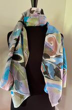 Load image into Gallery viewer, Blue greens purple neutral  twice marbled shawl. .  Crepe de chine 72x22 ” bold fun.    This beautiful silk makes a unique dresser cover. and scarf
