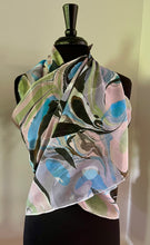 Load image into Gallery viewer, Blue greens purple neutral  twice marbled shawl. .  Crepe de chine 72x22 ” bold fun.    This beautiful silk makes a unique dresser cover. and scarf
