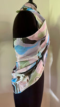 Load image into Gallery viewer, Blue greens purple neutral  twice marbled shawl. .  Crepe de chine 72x22 ” bold fun.    This beautiful silk makes a unique dresser cover. and scarf
