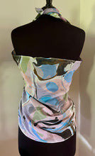 Load image into Gallery viewer, Blue greens purple neutral  twice marbled shawl. .  Crepe de chine 72x22 ” bold fun.    This beautiful silk makes a unique dresser cover. and scarf

