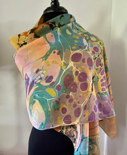 Load image into Gallery viewer, Sunset Fall Colors Crepe de chine 72x22” bold fun. This beautiful silk shawl also can be a shirt and skirt!
