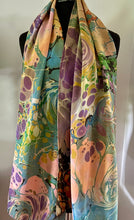 Load image into Gallery viewer, Sunset Fall Colors Crepe de chine 72x22” bold fun. This beautiful silk shawl also can be a shirt and skirt!
