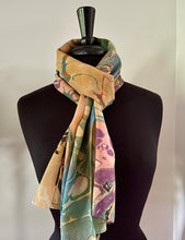 Load image into Gallery viewer, Sunset Fall Colors Crepe de chine 72x22” bold fun. This beautiful silk shawl also can be a shirt and skirt!
