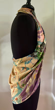 Load image into Gallery viewer, Sunset Fall Colors Crepe de chine 72x22” bold fun. This beautiful silk shawl also can be a shirt and skirt!
