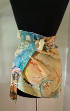 Load image into Gallery viewer, Sunset Fall Colors Crepe de chine 72x22” bold fun. This beautiful silk shawl also can be a shirt and skirt!

