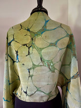 Load image into Gallery viewer, Green Italian Vein Crepe de chine 72x22” bold fun. This beautiful silk shawl also can be a   shirt and skirt!
