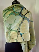 Load image into Gallery viewer, Green Italian Vein Crepe de chine 72x22” bold fun. This beautiful silk shawl also can be a   shirt and skirt!
