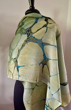 Load image into Gallery viewer, Green Italian Vein Crepe de chine 72x22” bold fun. This beautiful silk shawl also can be a   shirt and skirt!
