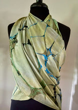 Load image into Gallery viewer, Green Italian Vein Crepe de chine 72x22” bold fun. This beautiful silk shawl also can be a   shirt and skirt!
