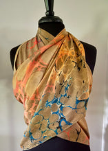 Load image into Gallery viewer, Orange Blue Italian Vein Crepe de chine 72x22” bold fun. This beautiful silk shawl also can be a shirt and skirt!
