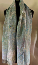Load image into Gallery viewer, Blue double sided Crepe de chine 72x22” bold fun. This beautiful silk shawl also can be a  shirt and skirt!
