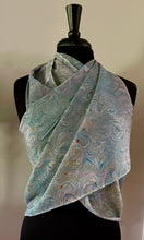 Load image into Gallery viewer, Blue double sided Crepe de chine 72x22” bold fun. This beautiful silk shawl also can be a  shirt and skirt!
