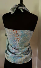 Load image into Gallery viewer, Blue double sided Crepe de chine 72x22” bold fun. This beautiful silk shawl also can be a  shirt and skirt!
