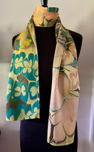 Load image into Gallery viewer, Klimt’s Flowers Multidyed Charmeuse Silk 72x14” bold fun. This beauty iful  silk makes a unique dresser cover and scarf
